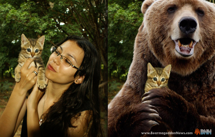 Society looks at this woman holding a kitten and thinks something completely different than when they see a bear holding the kitten. How does it feel society?