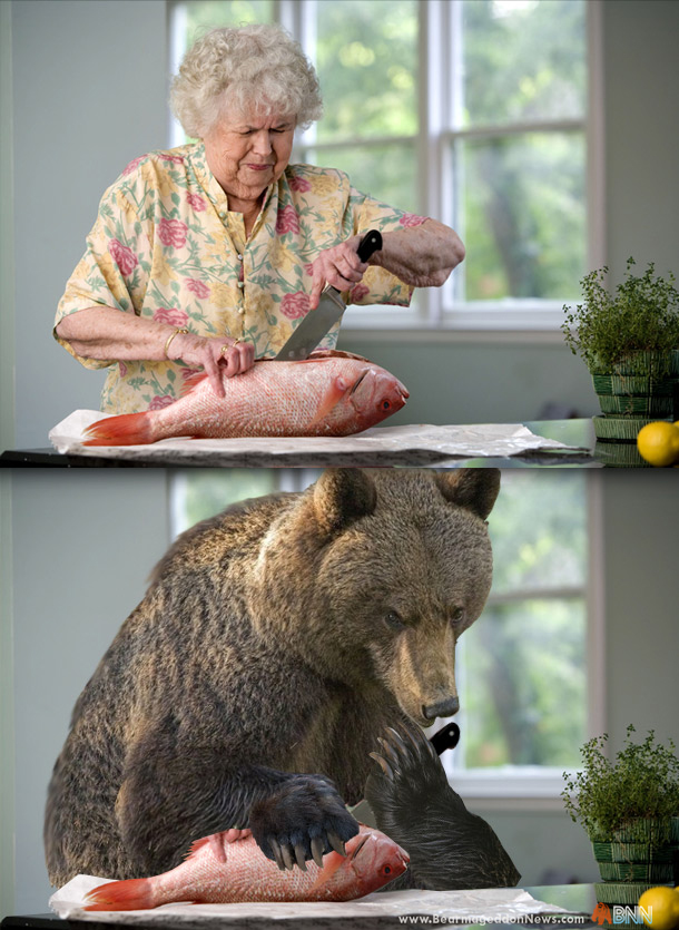 Old woman cutting fish. Seems normal until you see a bear doing it and you realize how deeply ingrained your bias towards either bears or old women is.